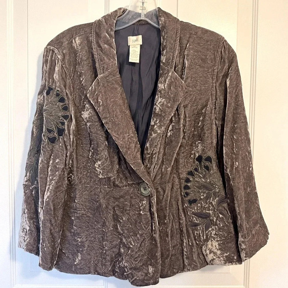 J. Jill Crushed Velvet Embroidered Blazer 3/4 Sleeve Gray Purple Brown 6P - Picture 1 of 12
